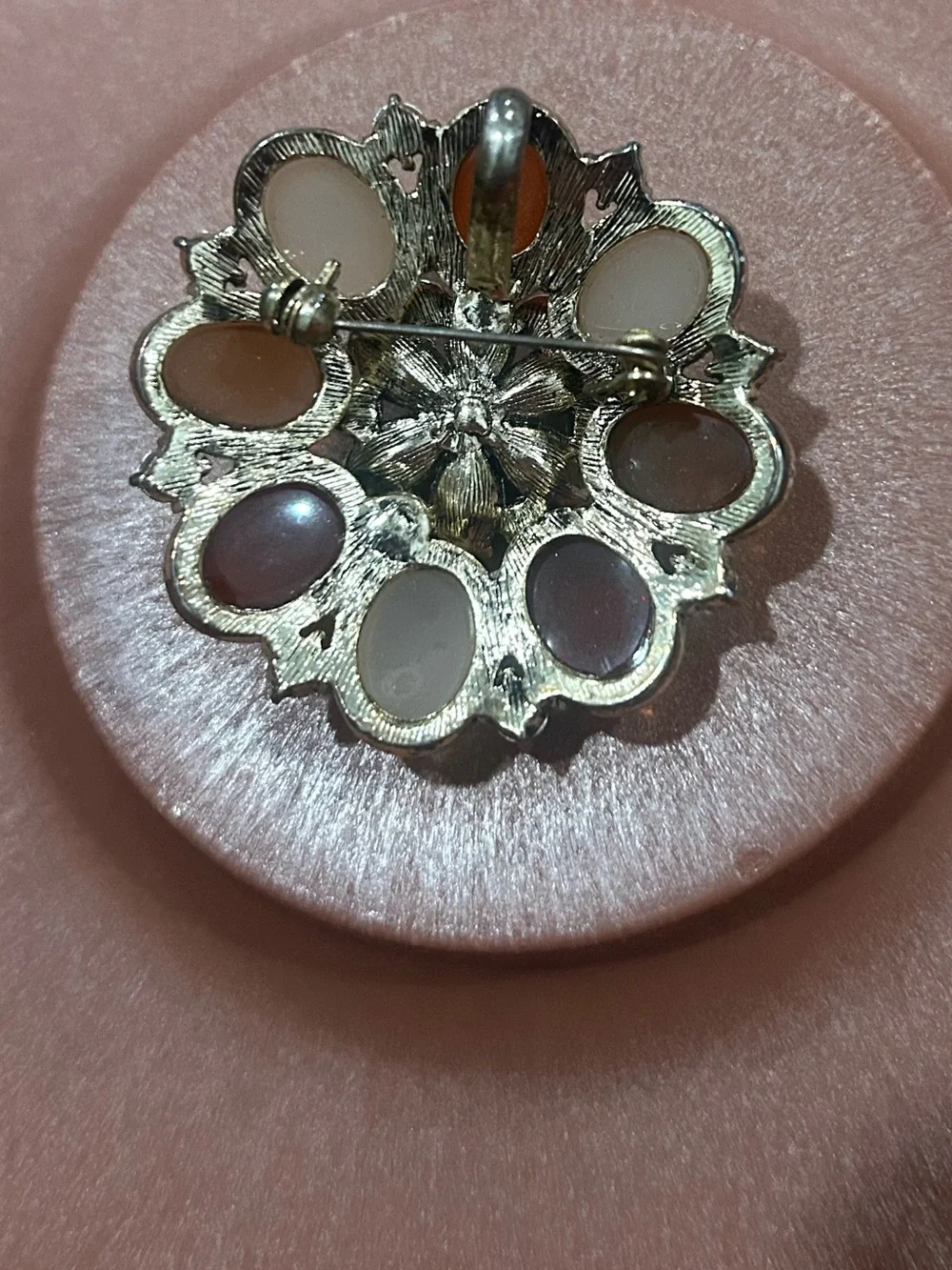 Vintage cabochon Flower Jelly Bean Rhinestone Convertible Brooch gold tone metal